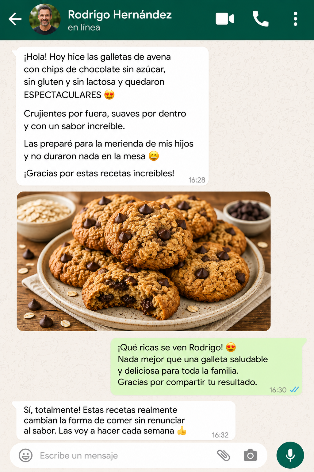Conversación sobre galletas de avena con chocolate