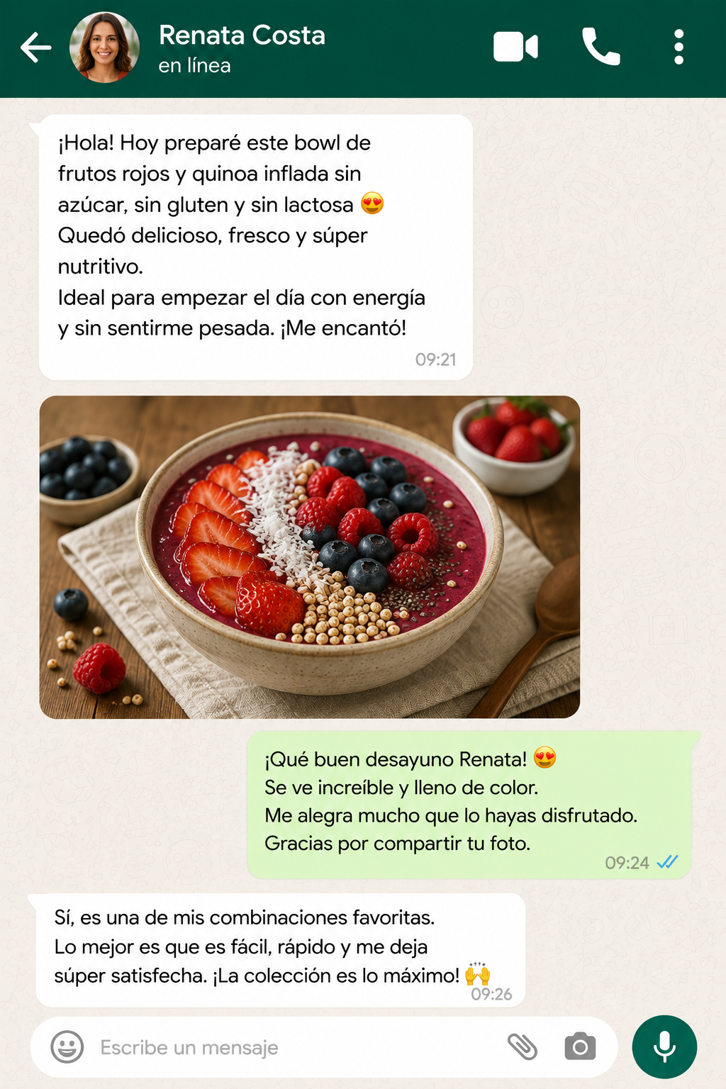 Conversación sobre bowl de frutos rojos y quinoa