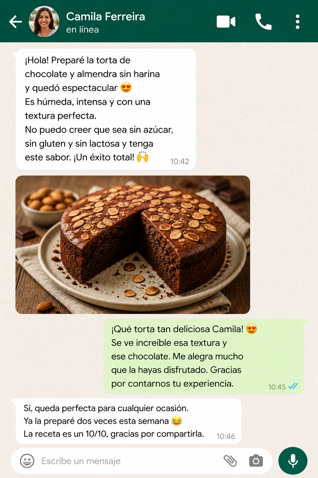 Conversación sobre torta de chocolate y almendra