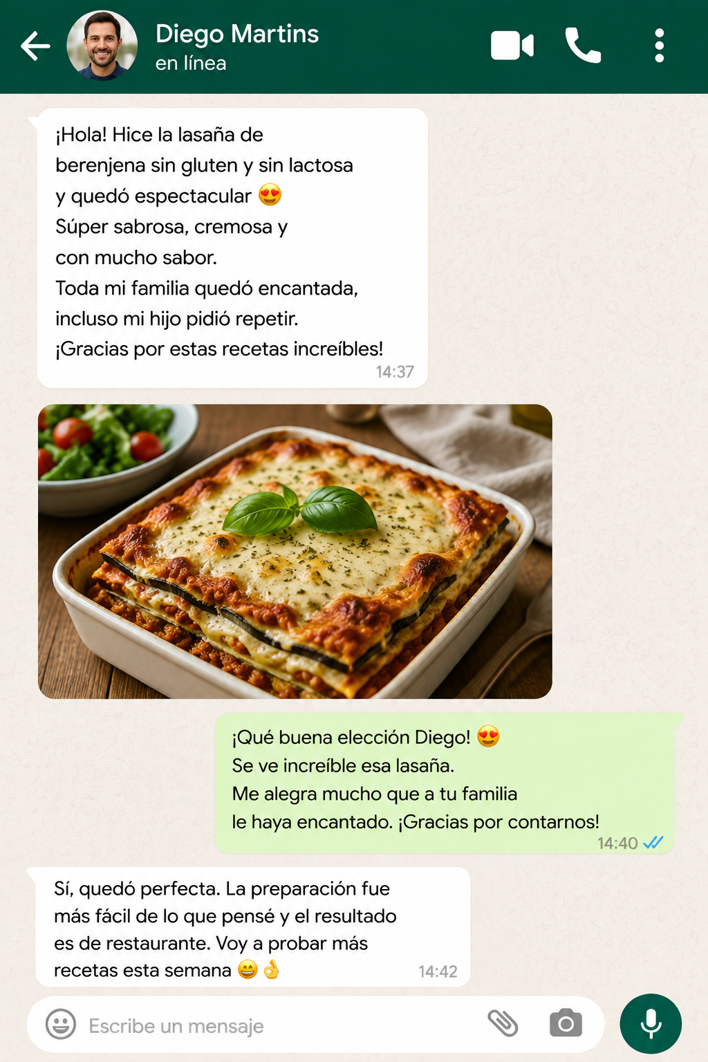 Conversación sobre lasaña de berenjena