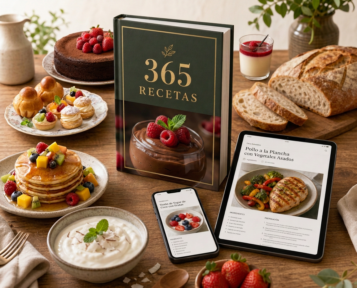 Libro de recetas, celular y tablet mostrando recetas, rodeados de pasteles, panqueques, panes, frutas, un plato salado y una preparación cremosa